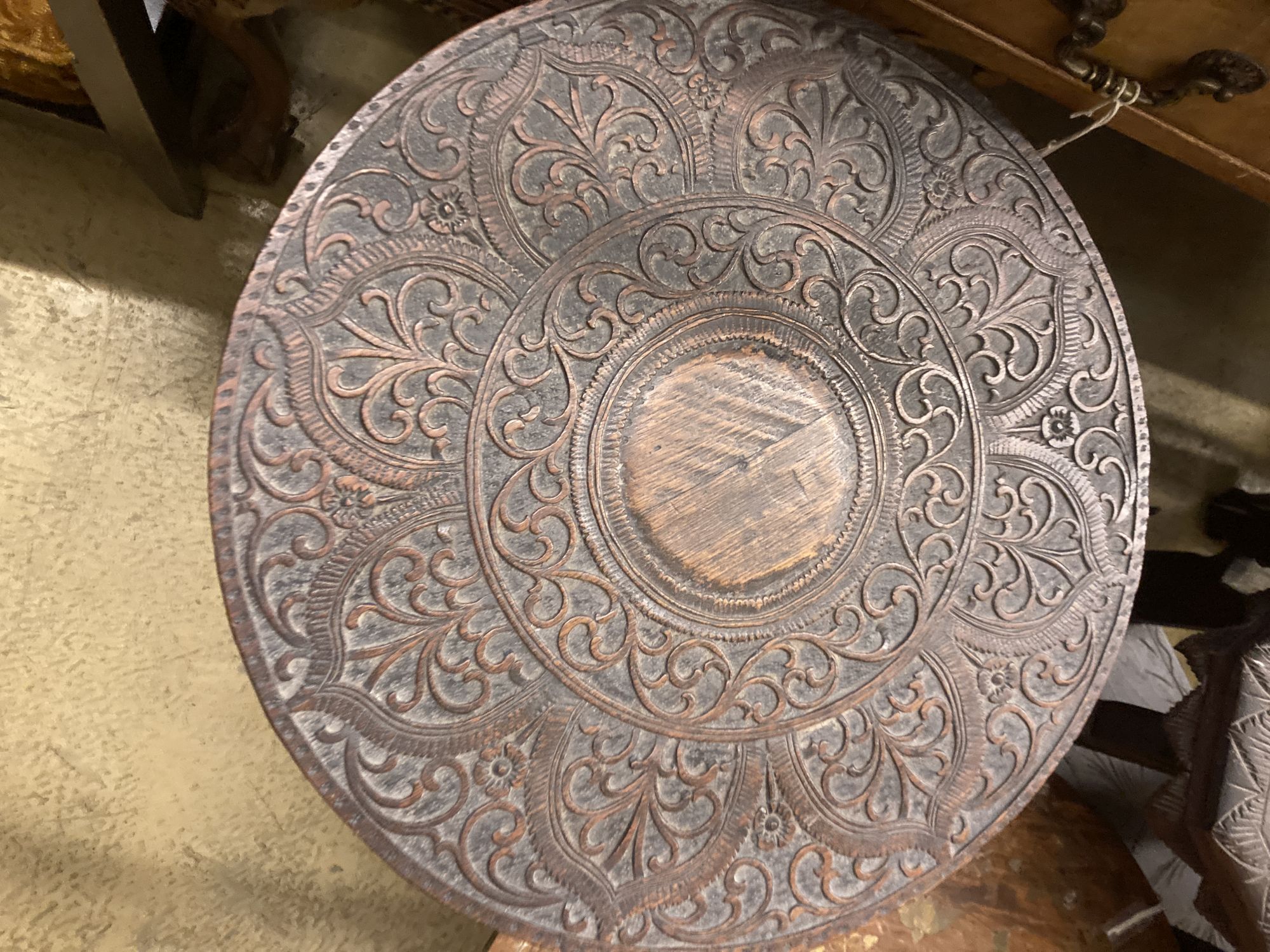 Two Asian carved occasional tables and an Indian table, largest width 66cm, depth 38cm, height 64cm